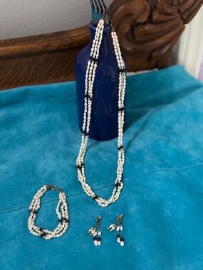 3-Strand Fresh Water Pearls Necklace w/ Plated Gold & Onyx, Bracelet, Earrings